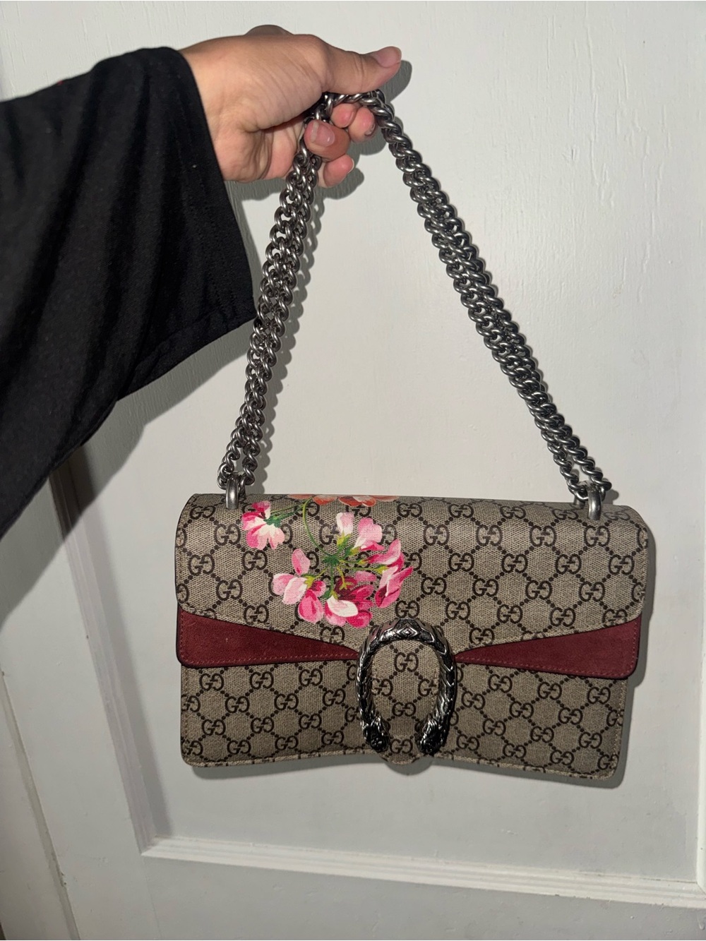 Gucci GG Supreme Floral Shoulder Bag with Burgundy Trim